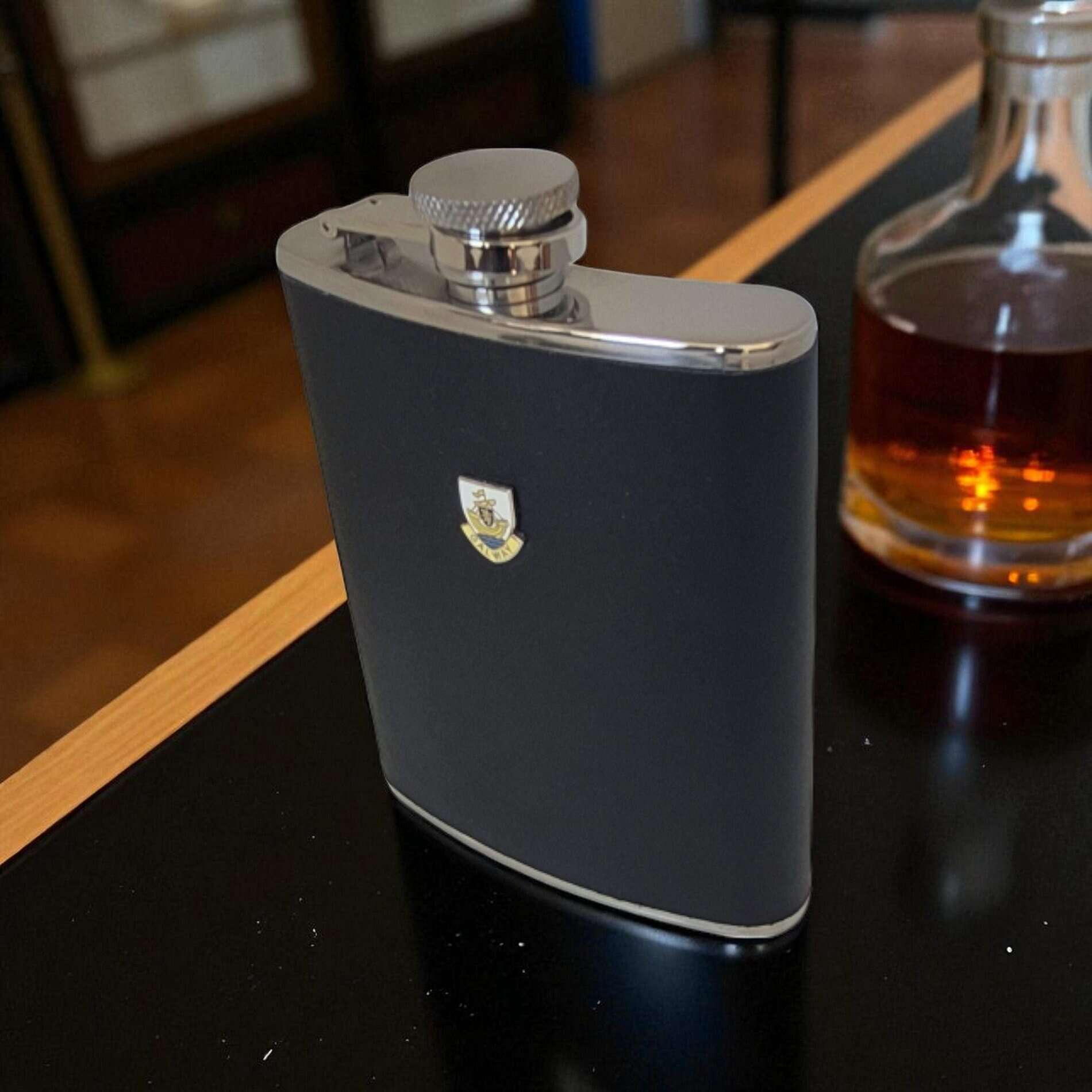 Galway Crest Hip Flask – 6oz Stainless Steel with Leather Wrap