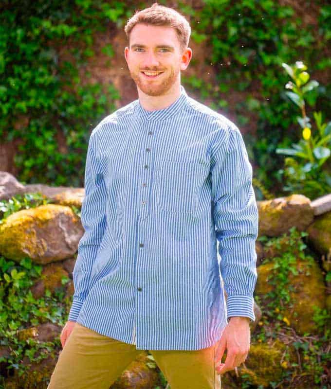 Blue & White Pinstripe Cotton Grandfather Shirt — Handmade in Ireland - Image 4