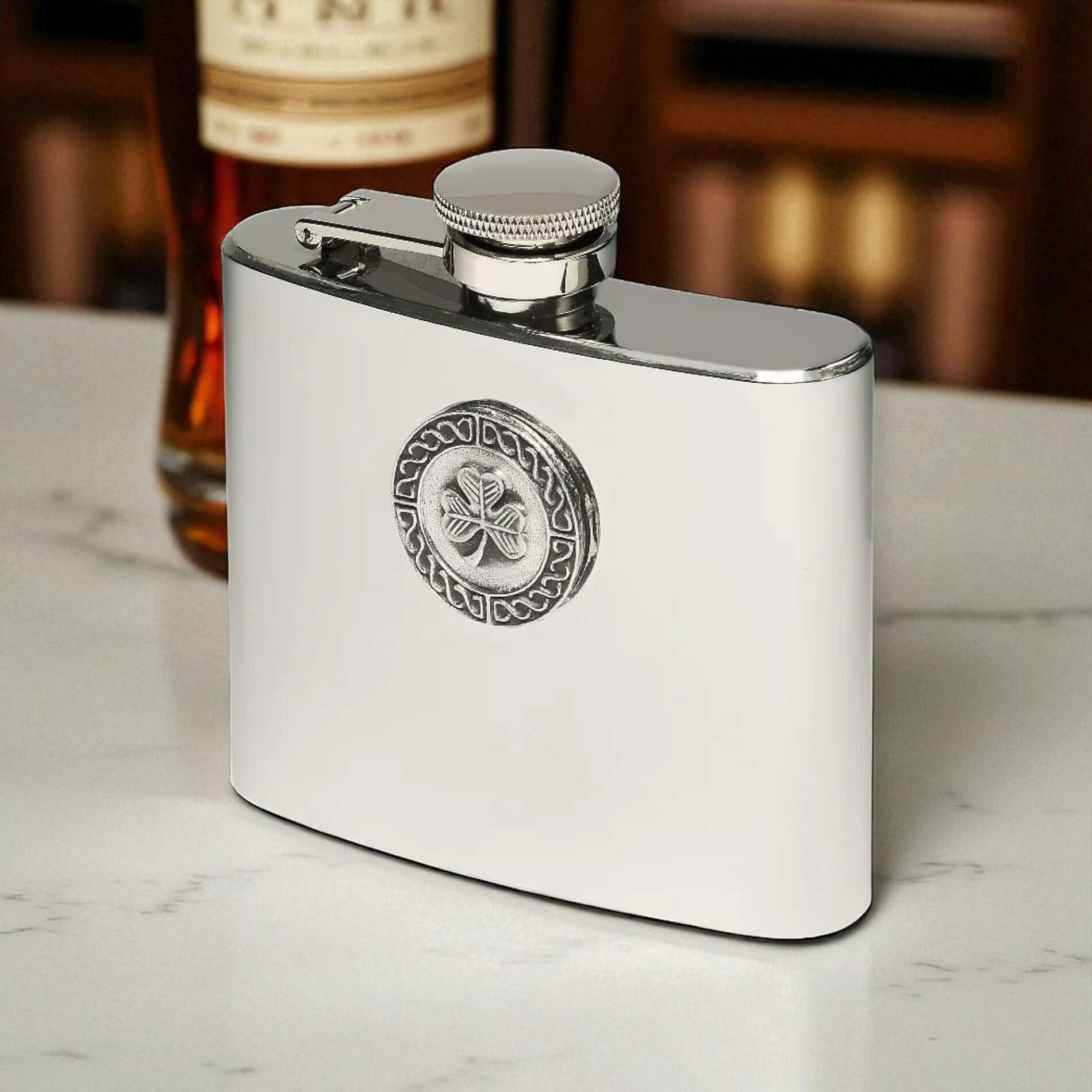 Shamrock Hip Flask – 5oz Stainless Steel by Mullingar Pewter