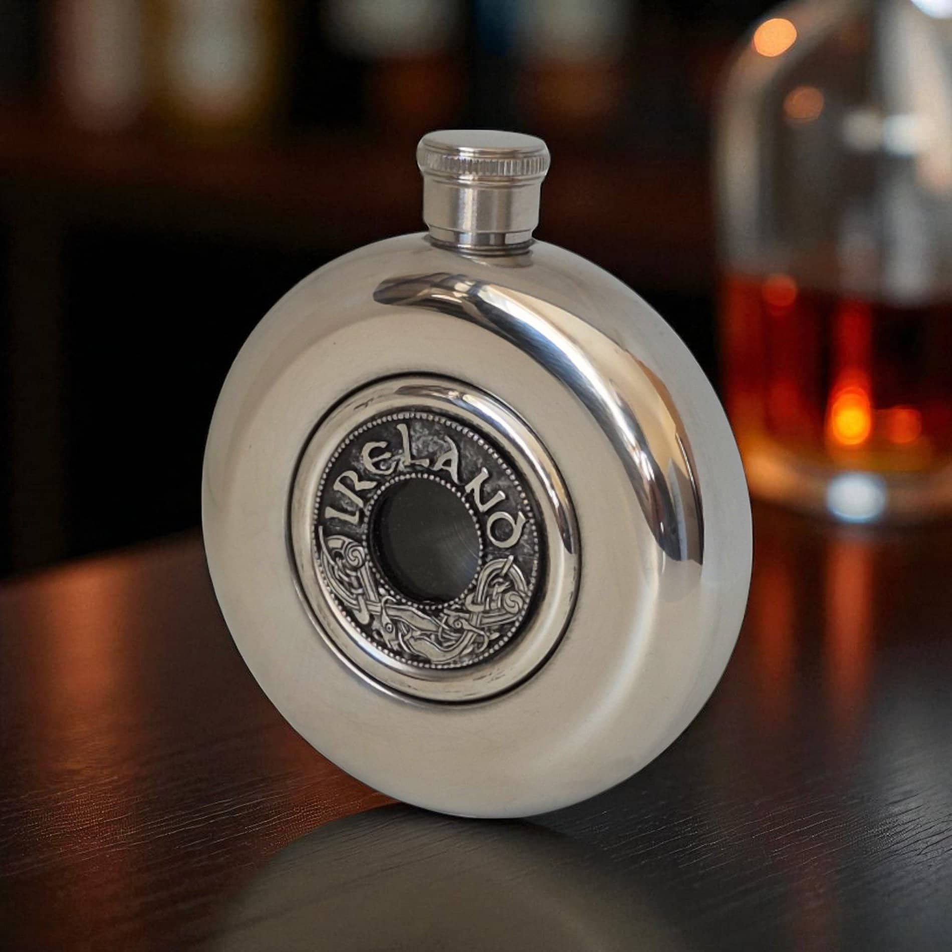 Round Irish Whiskey Flask – Ireland Kells Design Mullingar Pewter