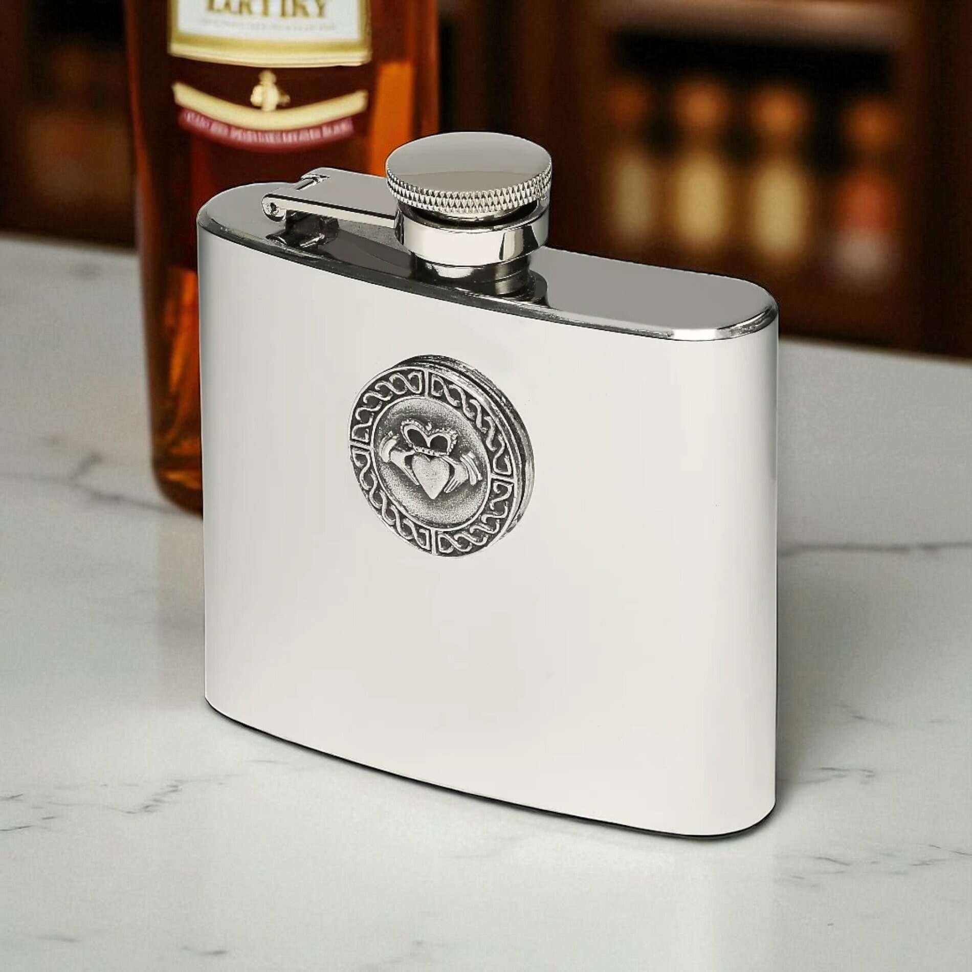 Claddagh Hip Flask – 5oz Stainless Steel by Mullingar Pewter