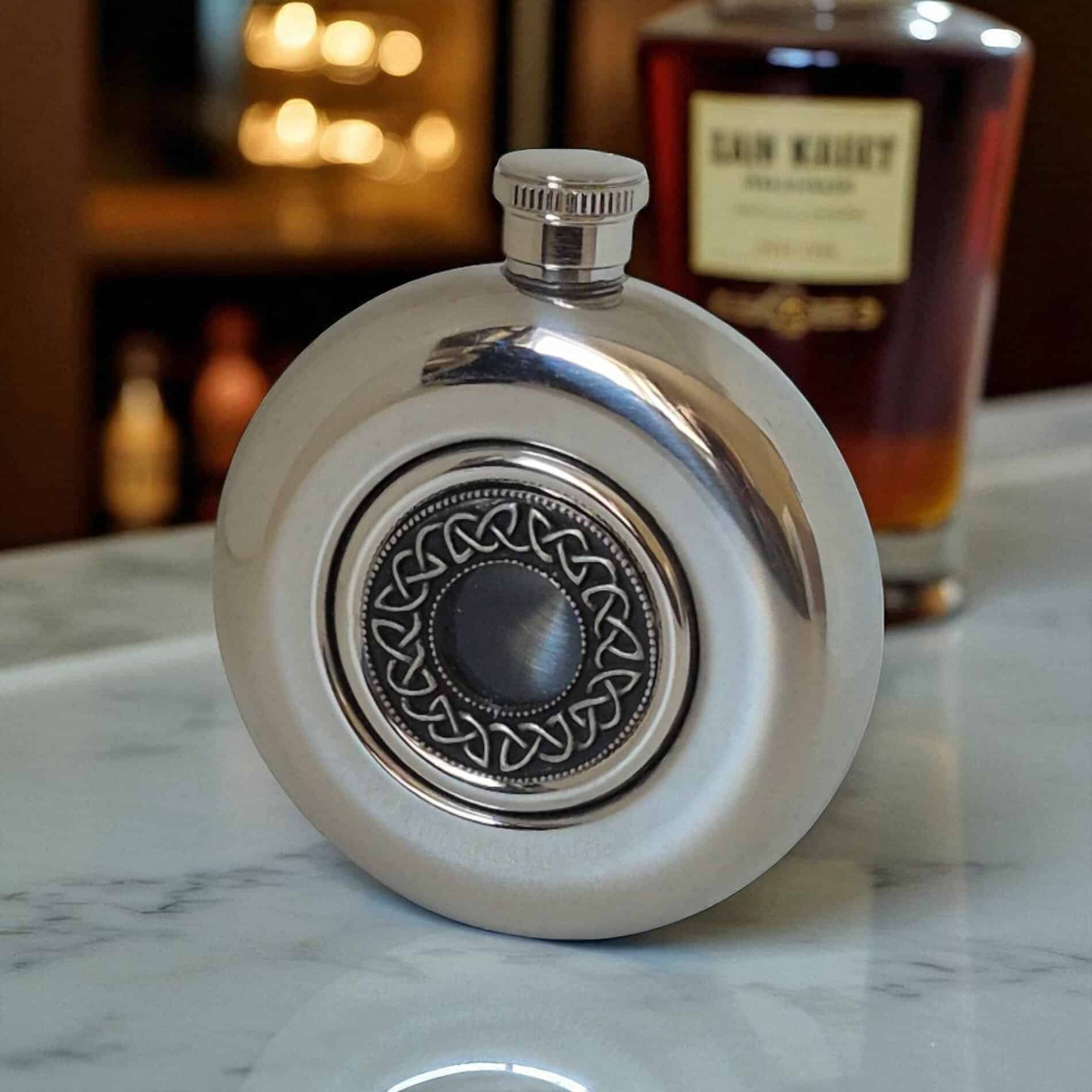 Round Irish Whiskey Flask – Celtic Knot Design - Mullingar Pewter