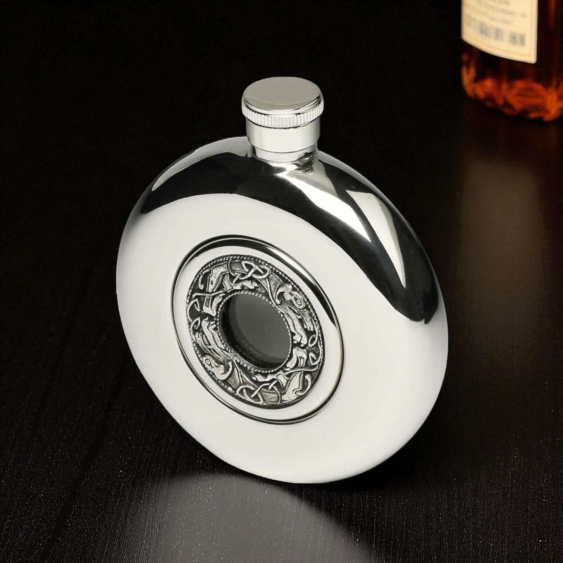 Round Irish Whiskey Flask – Book of Kells by Mullingar Pewter