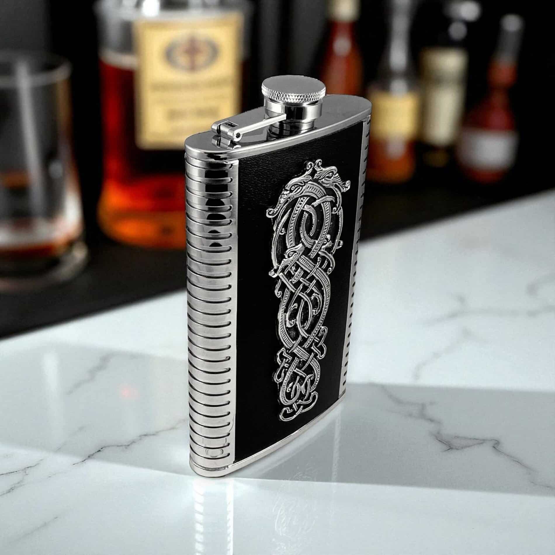 Large Celtic Dragon Hip Flask – 9oz Leather & Stainless Steel