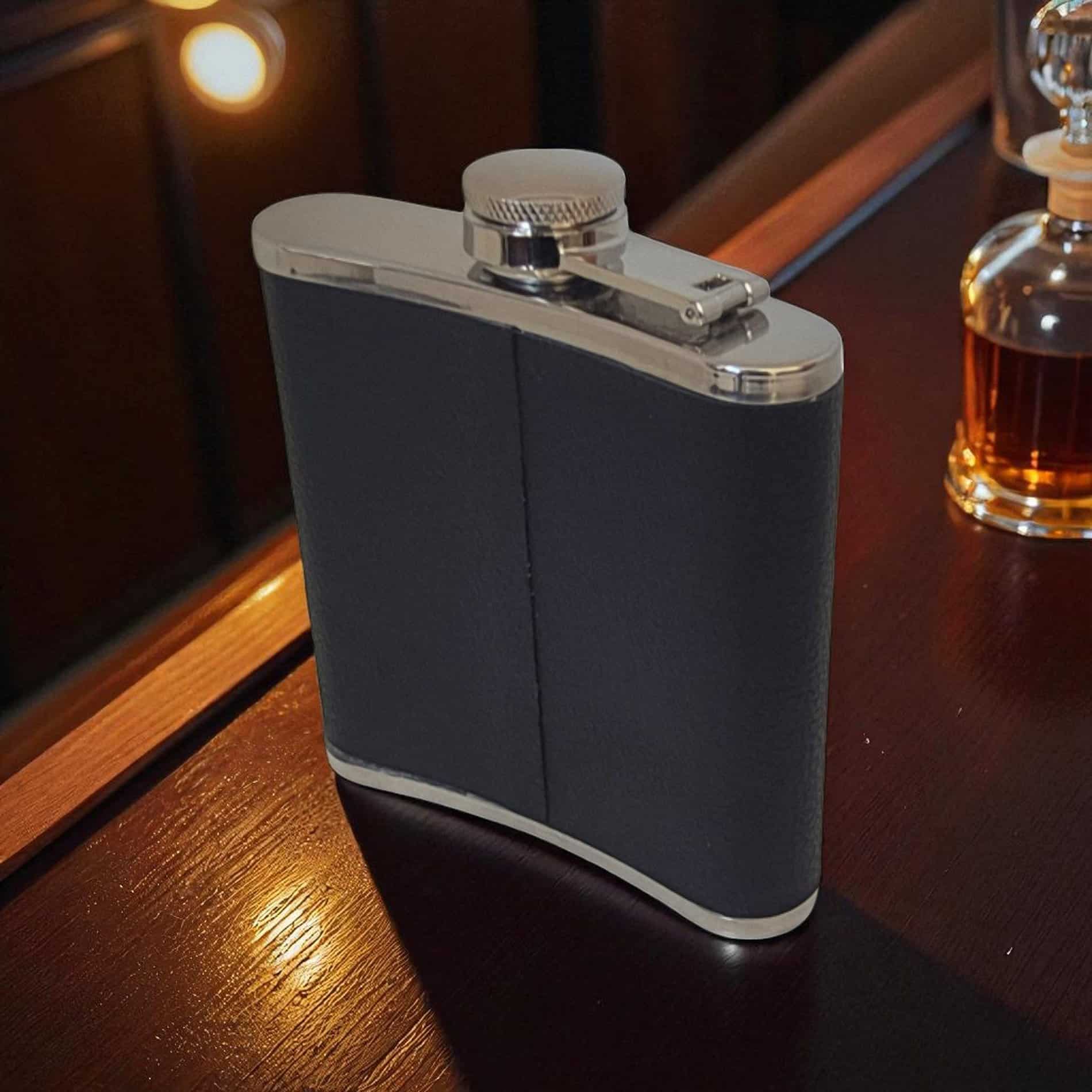 Engravable Hip Flask 6oz Stainless Steel With Leatherette Wrap 