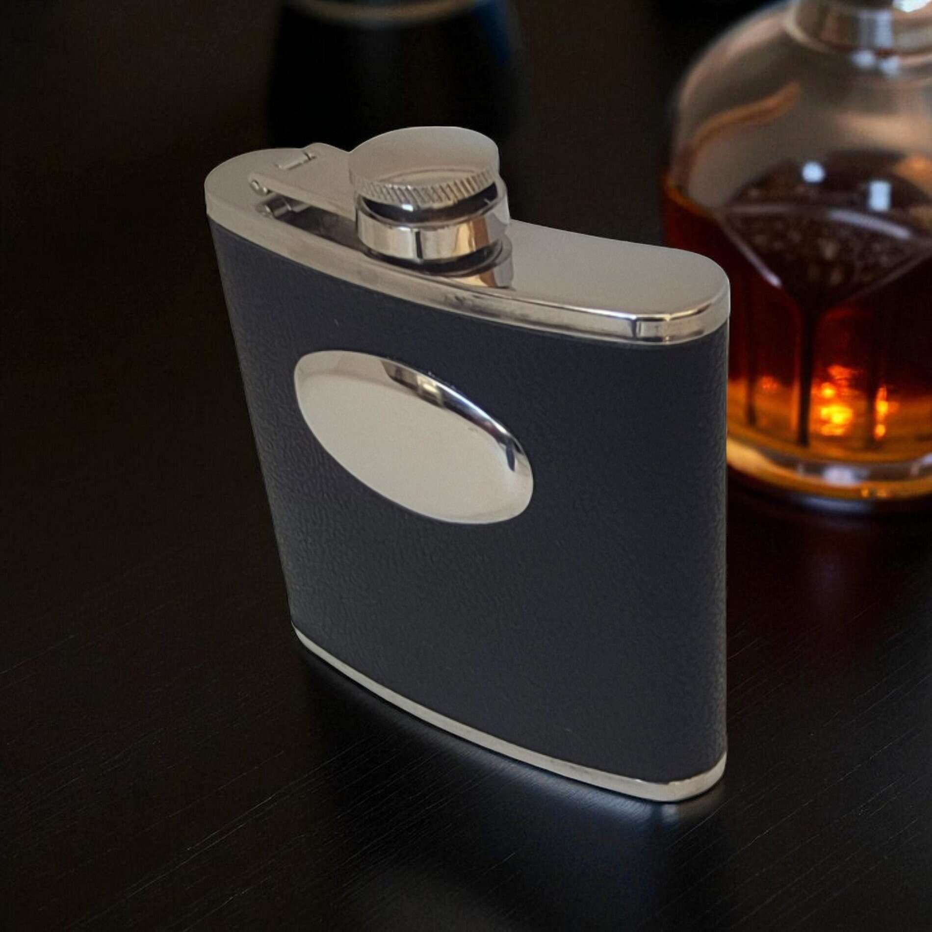 Engravable Hip Flask – 6oz Stainless Steel with Leatherette Wrap
