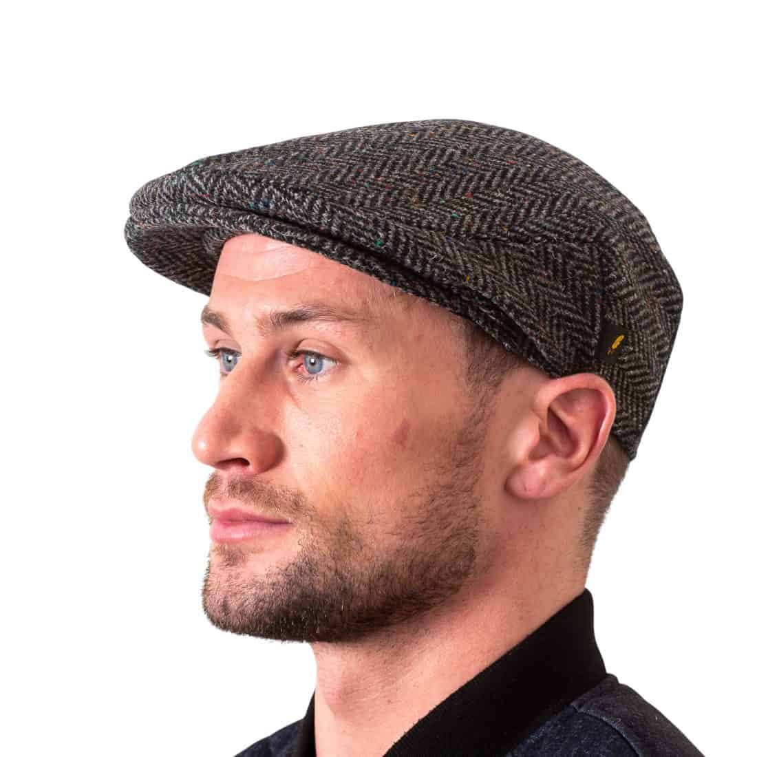 Charcoal Herringbone Donegal Tweed Traditional Flat Cap