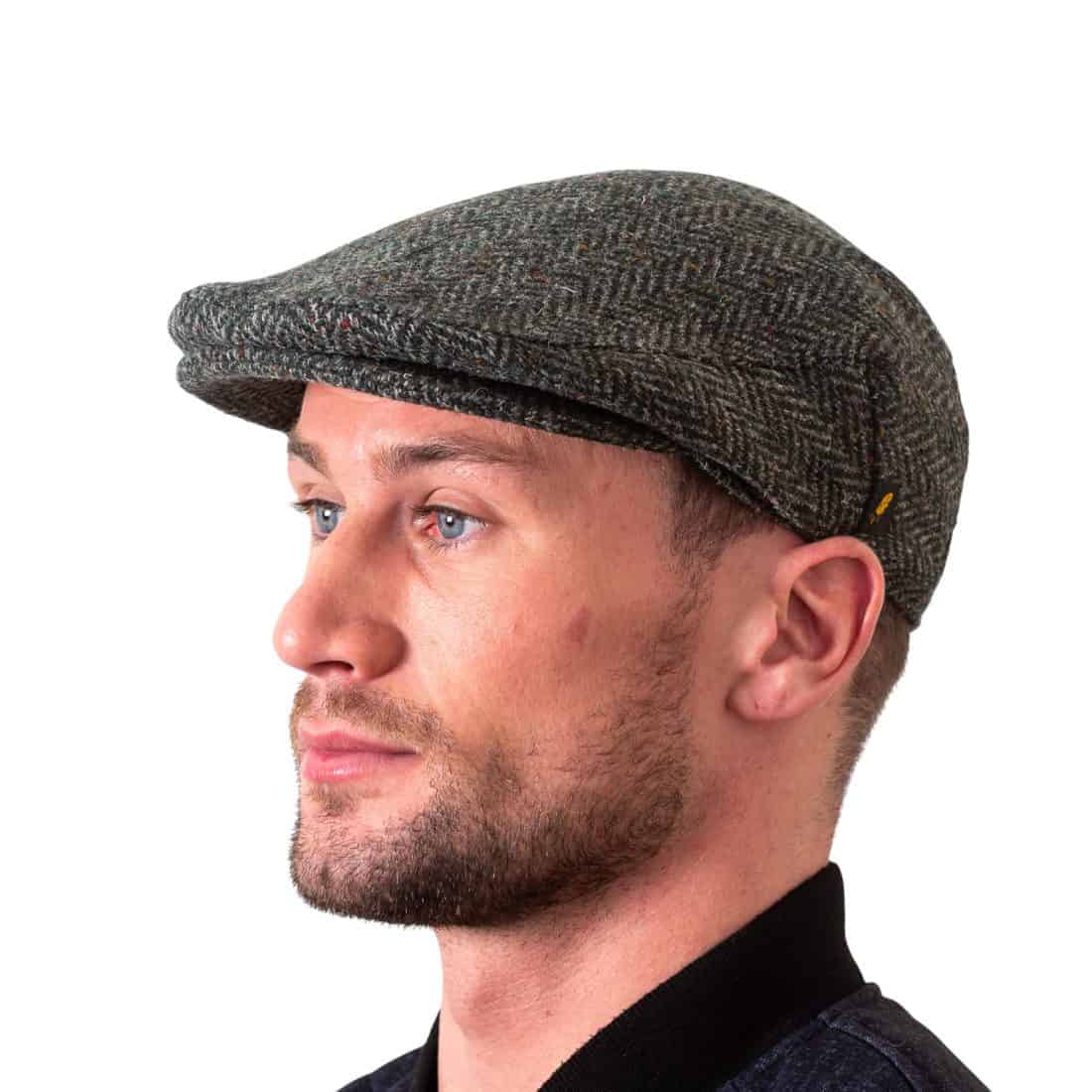 Dark Green Herringbone Donegal Tweed Traditional Flat Cap