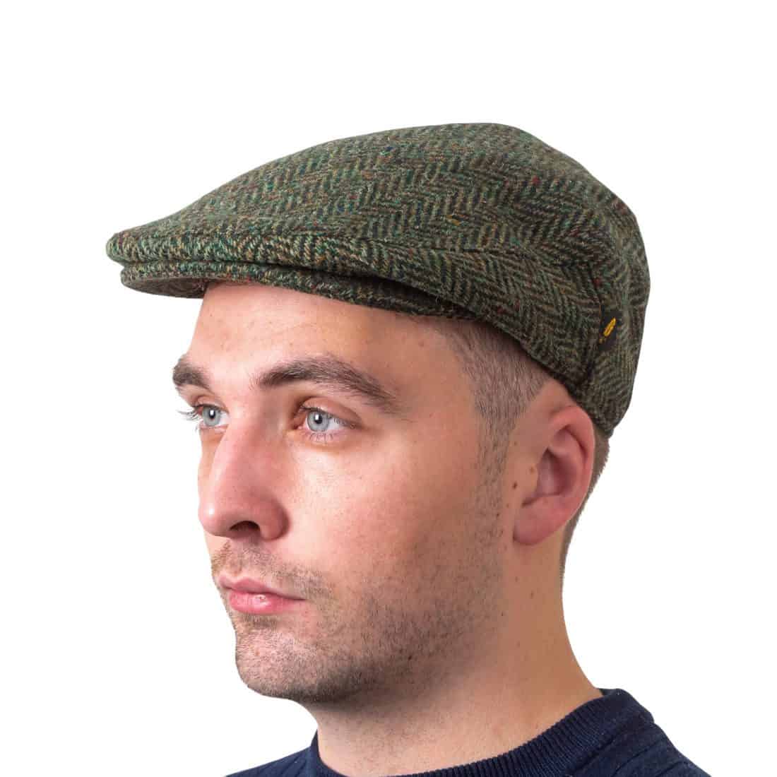 Mid Green Herringbone Donegal Tweed Traditional Flat Cap