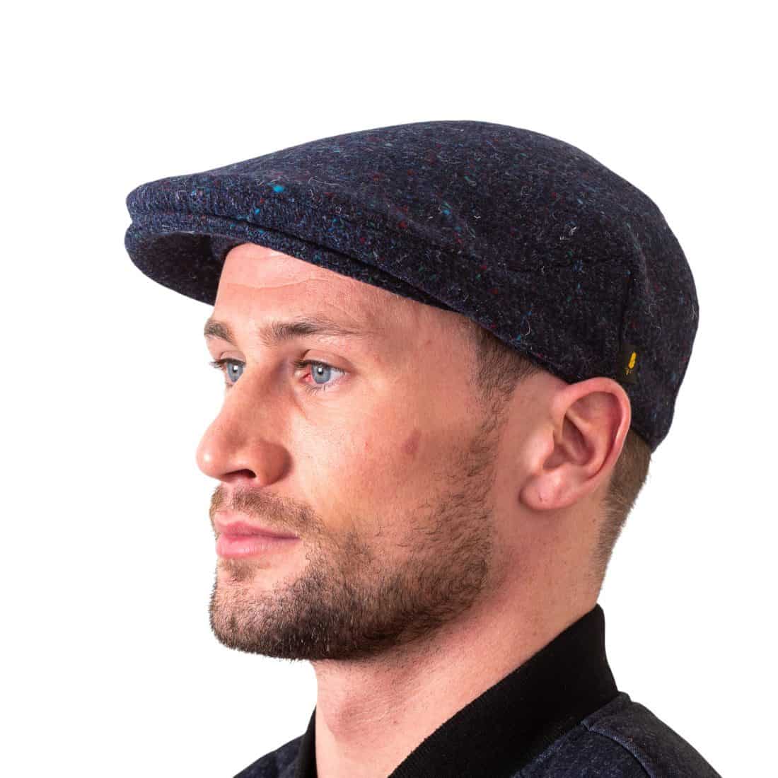 Navy Blue Herringbone Donegal Tweed Traditional Flat Cap