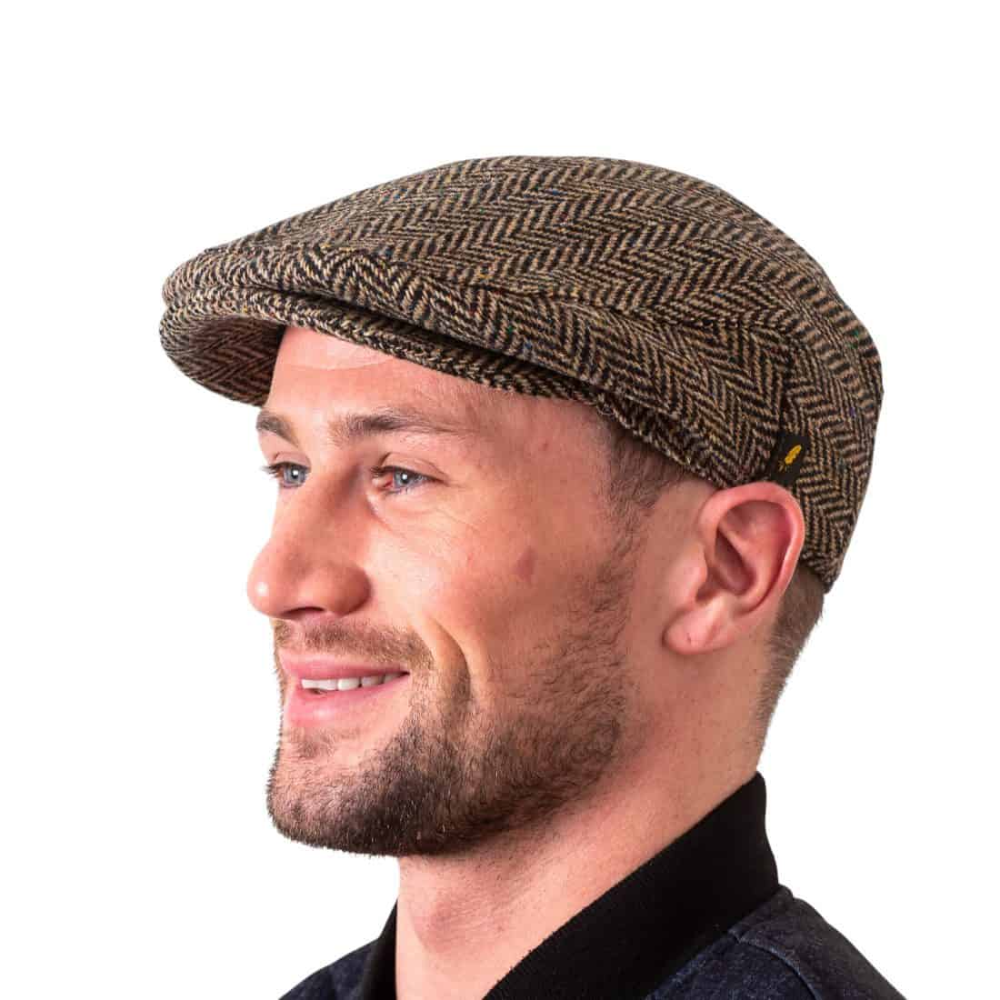 Pale Brown Herringbone Donegal Tweed Traditional Flat Cap