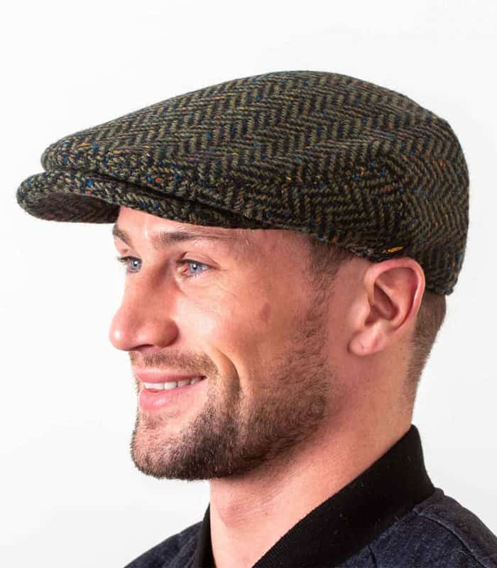 Large Peak Cap in Green Herringbone Donegal Tweed - Irelander
