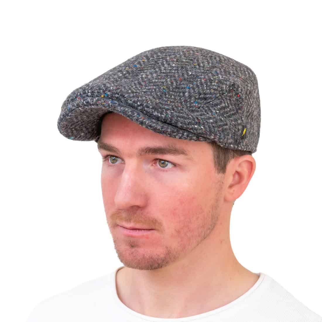 Grey Herringbone Donegal Tweed Irelander Cap with Large Peak