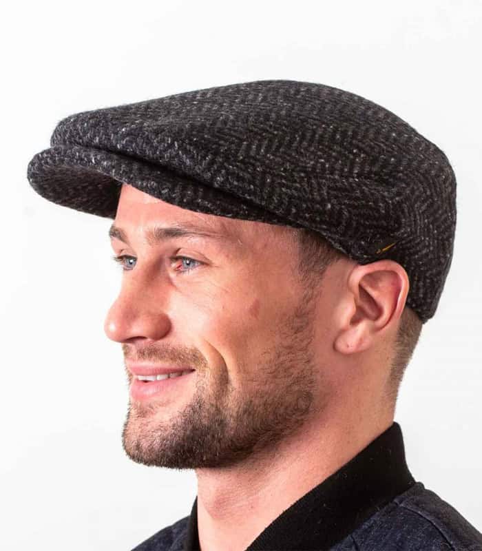 Dark Charcoal Herringbone - Donegal Tweed Cap with Large Peak