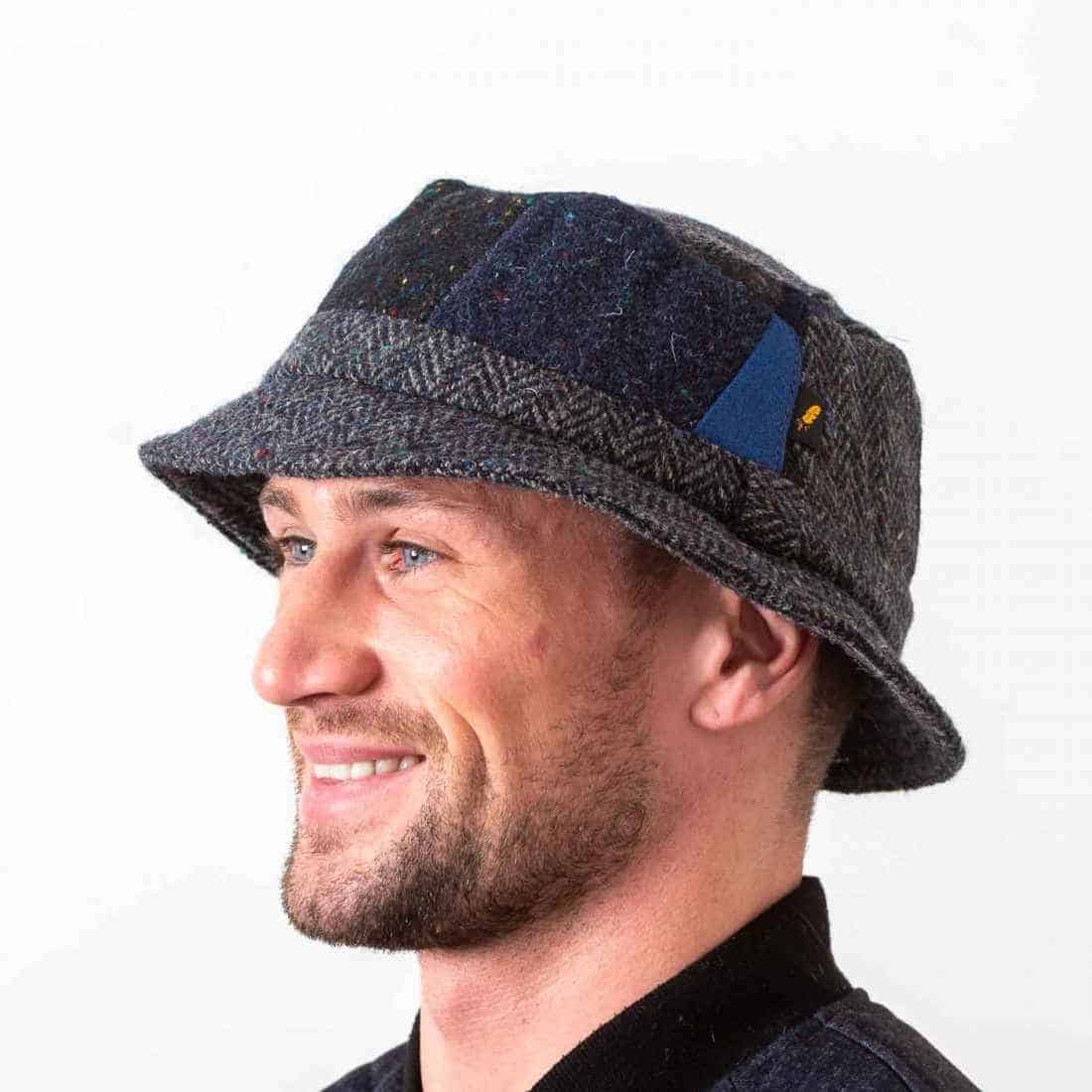 Patchwork Donegal Tweed Walking Hat – Blue, Grey and Black