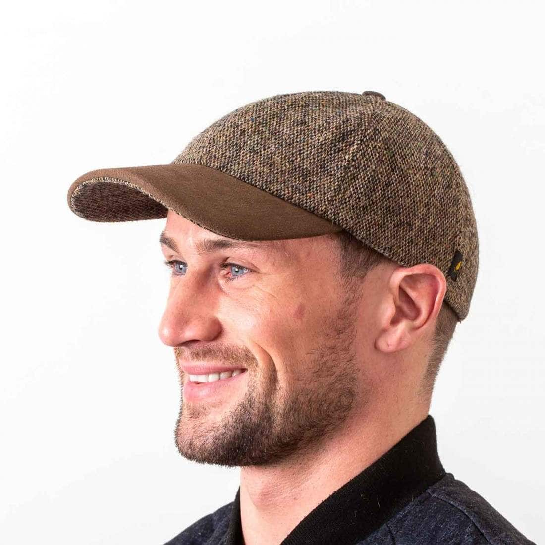 Brown Salt & Pepper Donegal Tweed Baseball Cap with Leather Peak - Irish Caps – Heritage Style for Every Generation