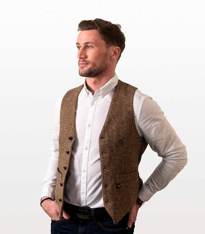 Irish Donegal Tweed Vest Waistcoat - Brown Herringbone - Image 3