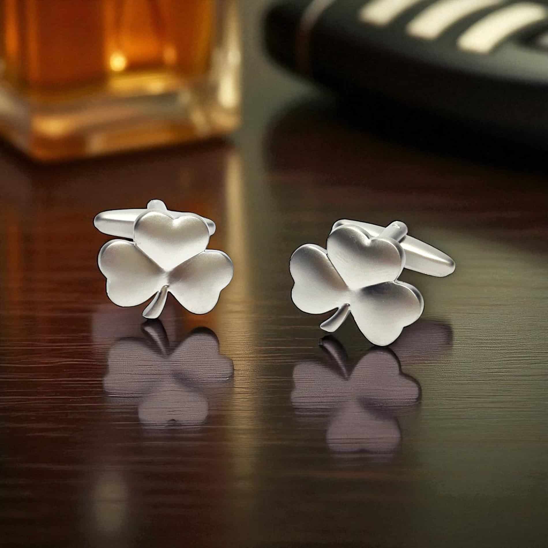 Shamrock Cufflinks – Brushed Silver Tone Irish Jewellery for Men