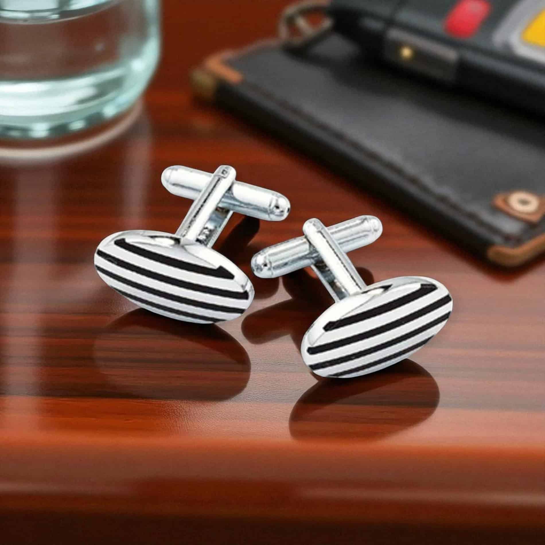 Oval Black Stripe Cufflinks – Silver Tone Dress Design