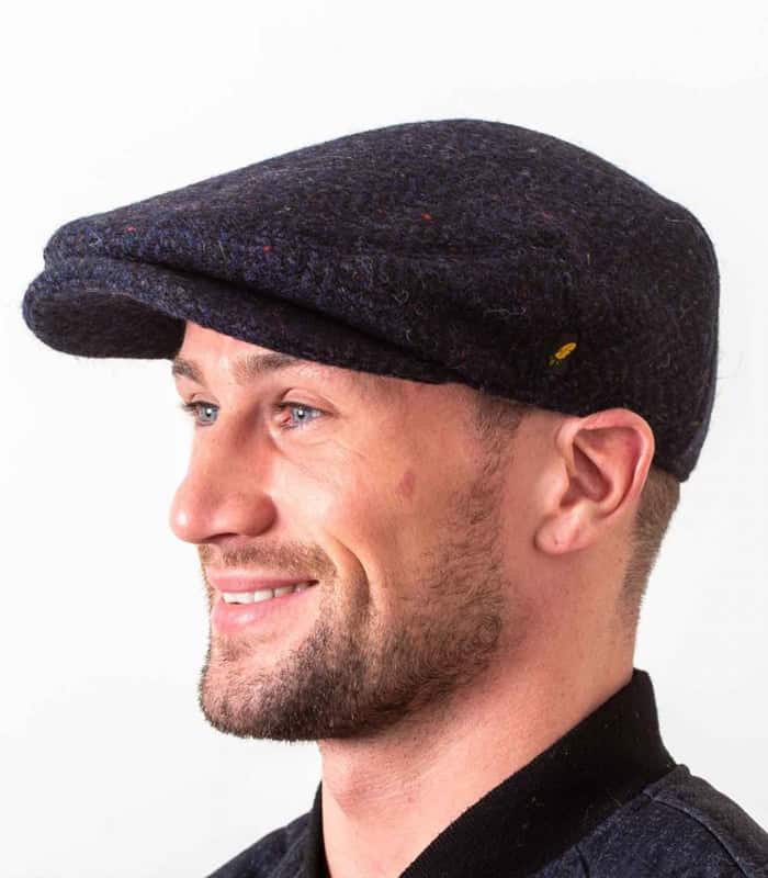 Navy Herringbone Donegal Tweed Irelander Cap with Large Peak