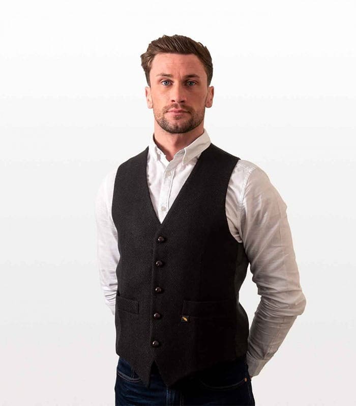 Irish Tweed Vest Waistcoat - Black Herringbone