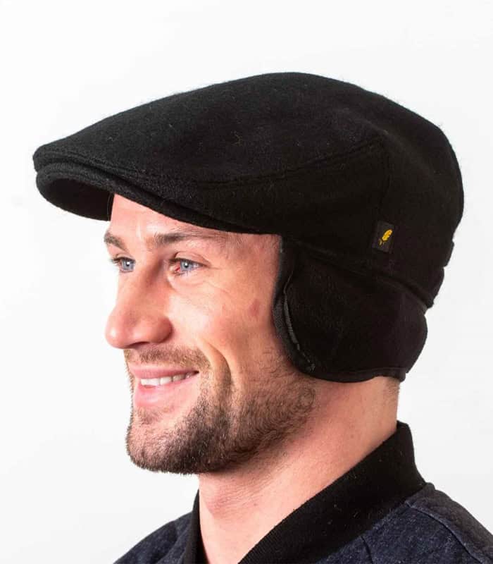 Black Donegal Tweed Flat Cap with Foldaway Ear Flaps
