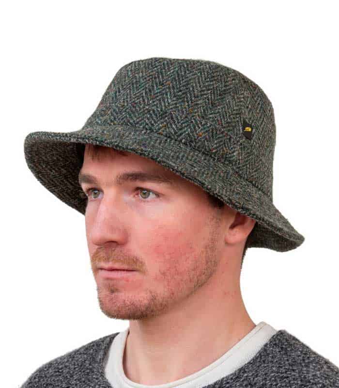 Walking Hat - Donegal Tweed - Green Herringbone