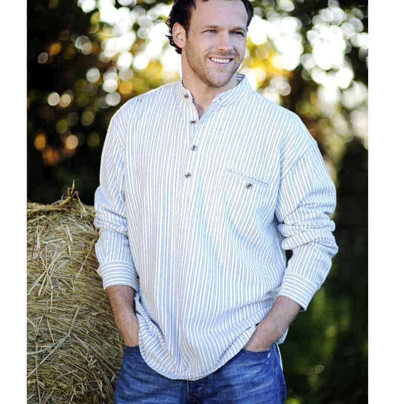 Blue & White Stripe Cotton Grandfather Shirt — Handcrafted in Ireland