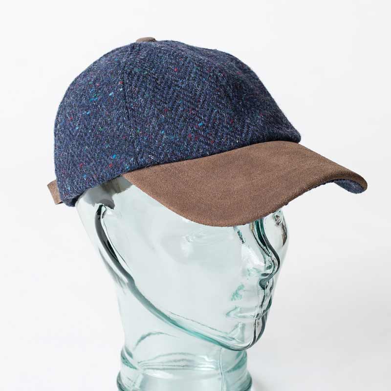 Navy Herringbone Donegal Tweed Baseball Cap with Leather Peak - Irish Caps – Heritage Style for Every Generation - Image 1