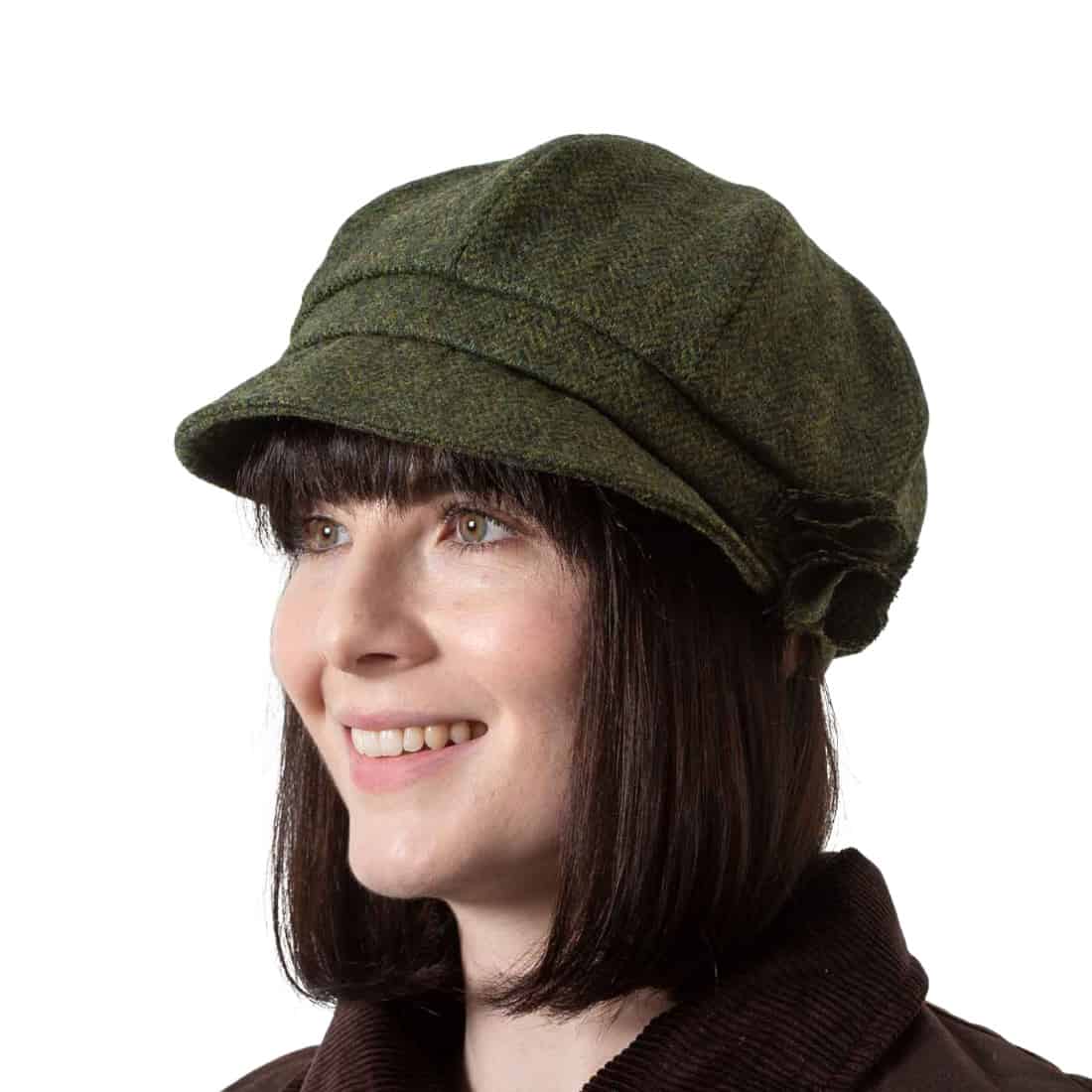 Shannon Women’s One Size Wool Bakerboy Hat – Green with Flower