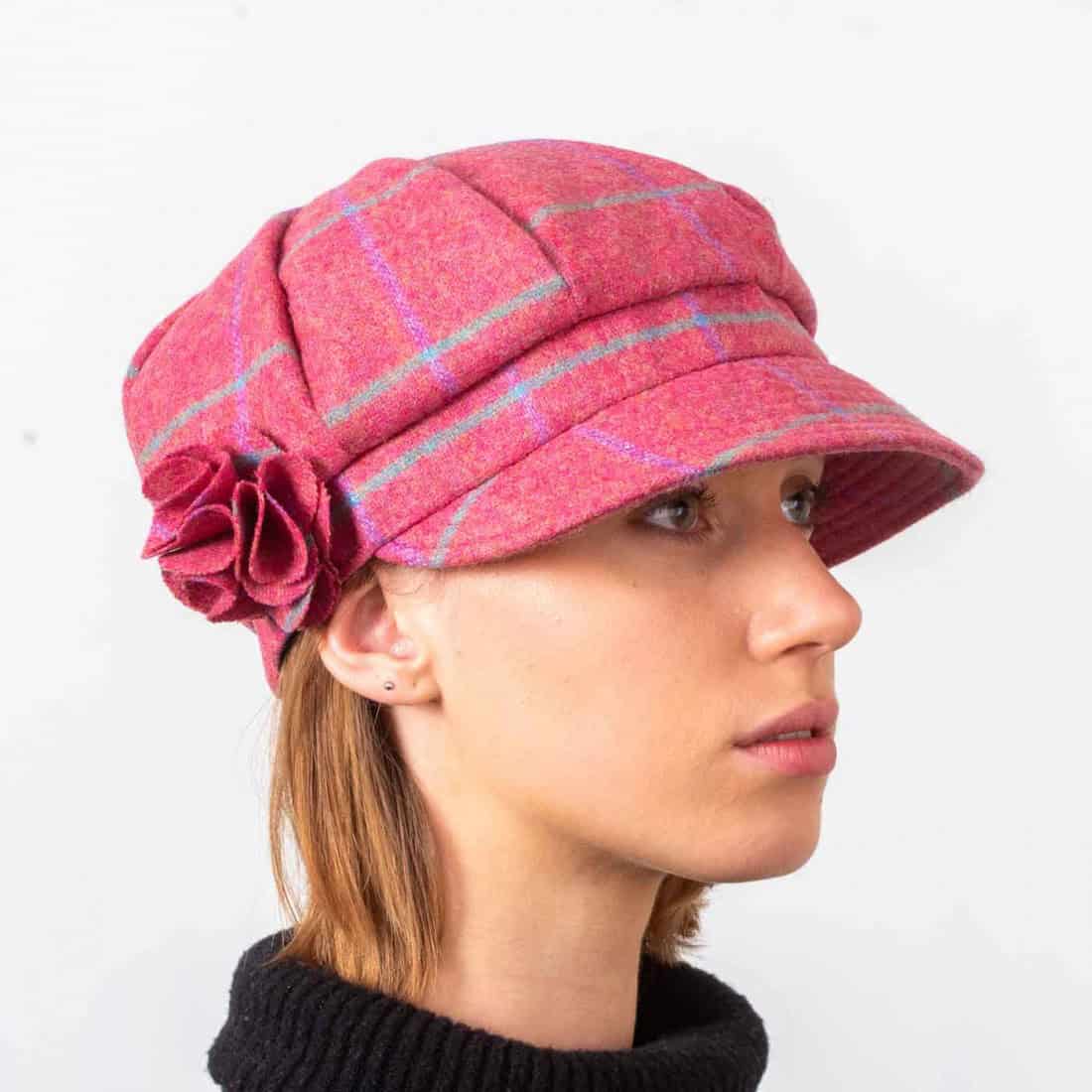 Women’s One Size Bakerboy Hat – Shannon - Pink Overcheck Tweed