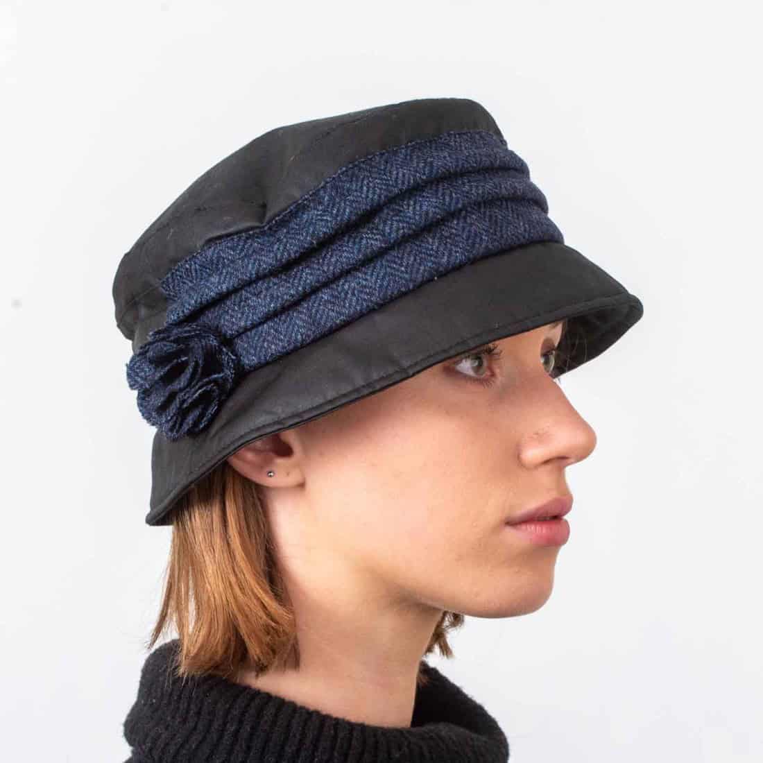 Katie Women’s Wax Hat – Black with Navy Blue Tweed Band
