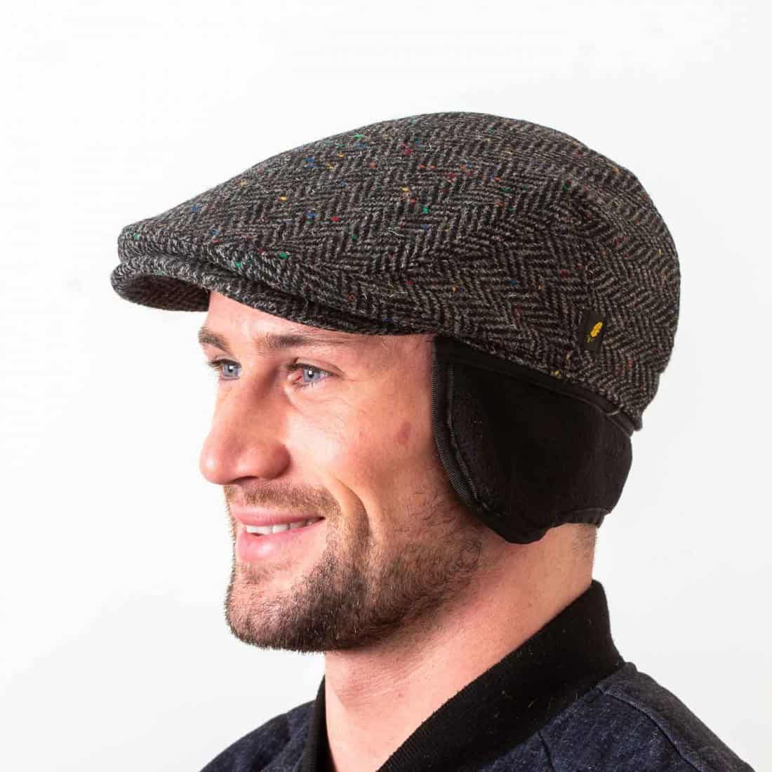 Charcoal Grey Donegal Tweed Flat Cap with Foldaway Ear Flaps