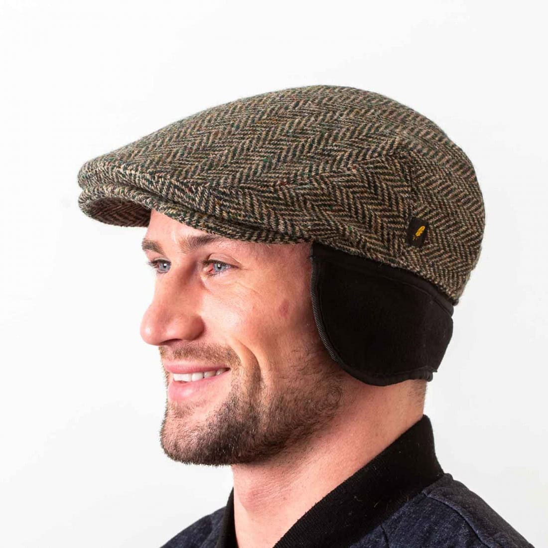 Green Donegal Tweed Flat Cap with Foldaway Ear Flaps
