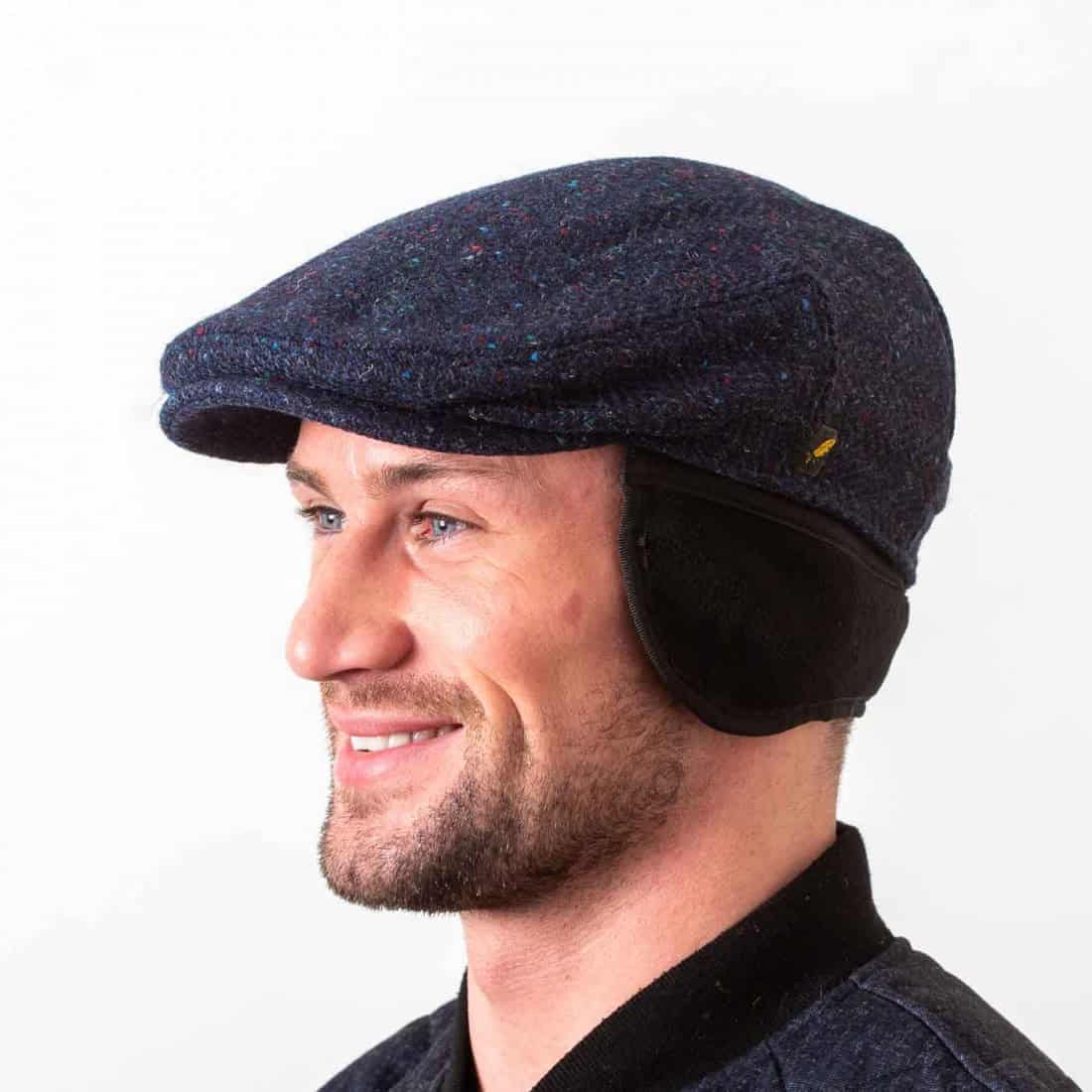 Navy Blue Donegal Tweed Cap with Foldaway Ear Flaps - Dubliner