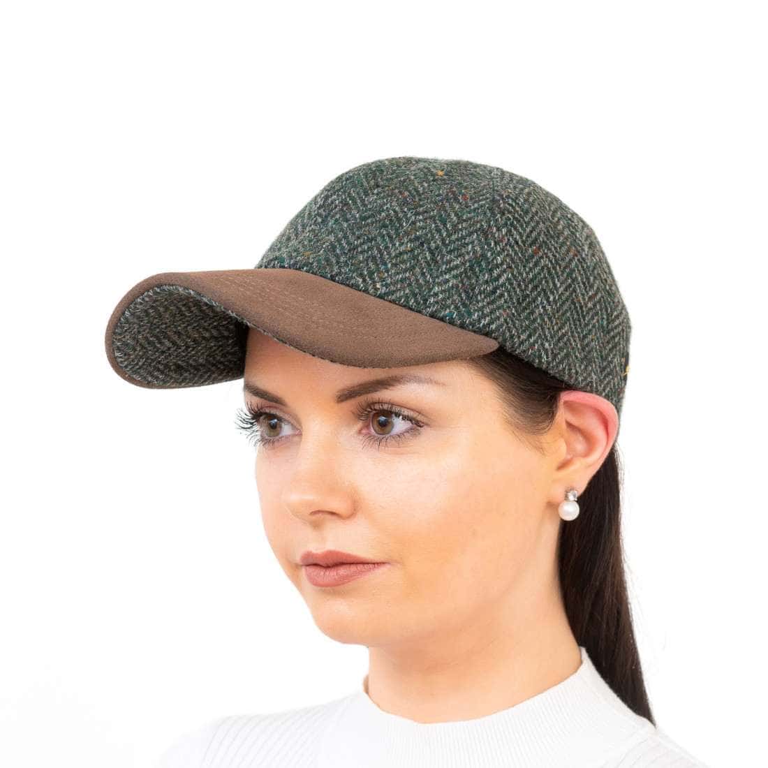 Dark Green Herringbone Donegal Tweed Baseball Cap with Suede Peak - Irish Caps – Heritage Style for Every Generation