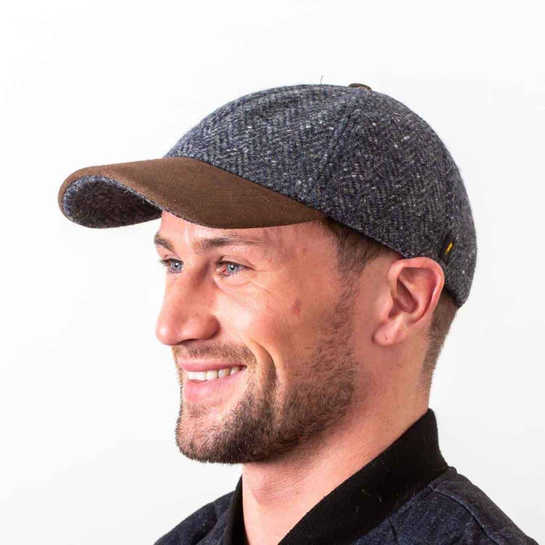 Denim Blue Donegal Tweed Baseball Cap with Leather Peak - Irish Caps – Heritage Style for Every Generation