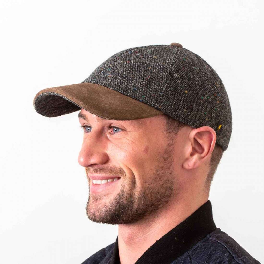 Grey Salt & Pepper Donegal Tweed Baseball Cap with Leather Peak - Irish Caps – Heritage Style for Every Generation