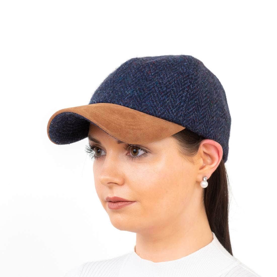 Navy Herringbone Donegal Tweed Baseball Cap with Leather Peak - Irish Caps – Heritage Style for Every Generation