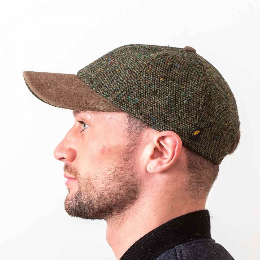 Green Salt & Pepper Donegal Tweed Baseball Cap with Leather Peak - Irish Caps – Heritage Style for Every Generation - Image 1