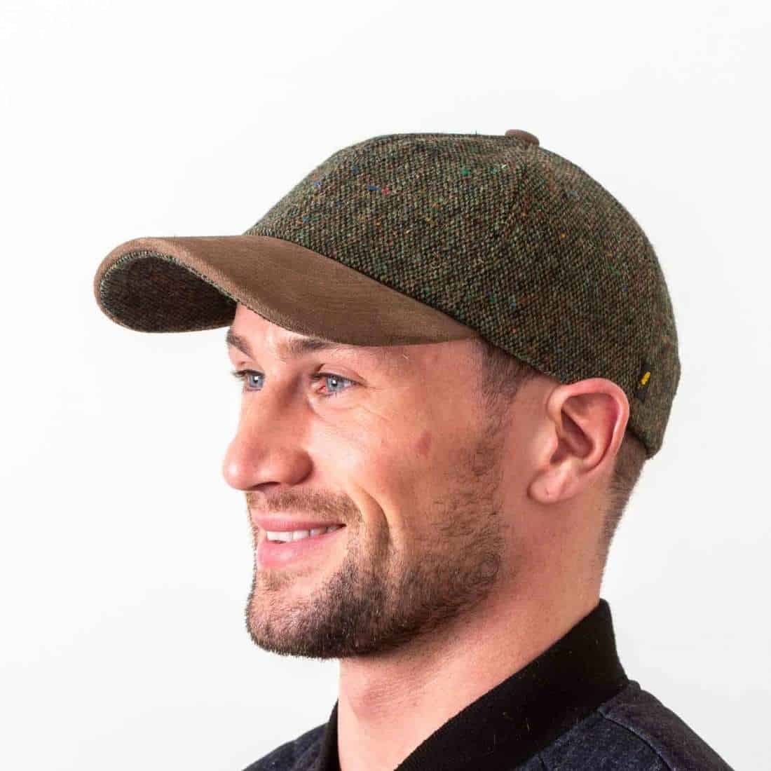 Green Salt & Pepper Donegal Tweed Baseball Cap with Leather Peak - Irish Caps – Heritage Style for Every Generation