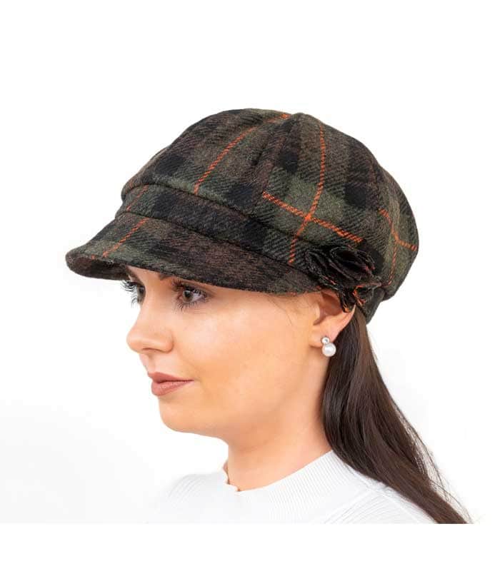 Shannon Women’s One Size Bakerboy Hat – Peat Check with Flower