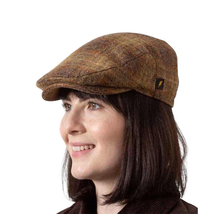 Irish Tweed Stretch-Fit Flat Cap - Whiskey Check - Aran Model