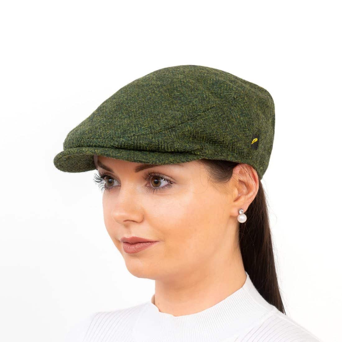 Irish Tweed Stretch-Fit Flat Cap - Green Herringbone - Aran Model