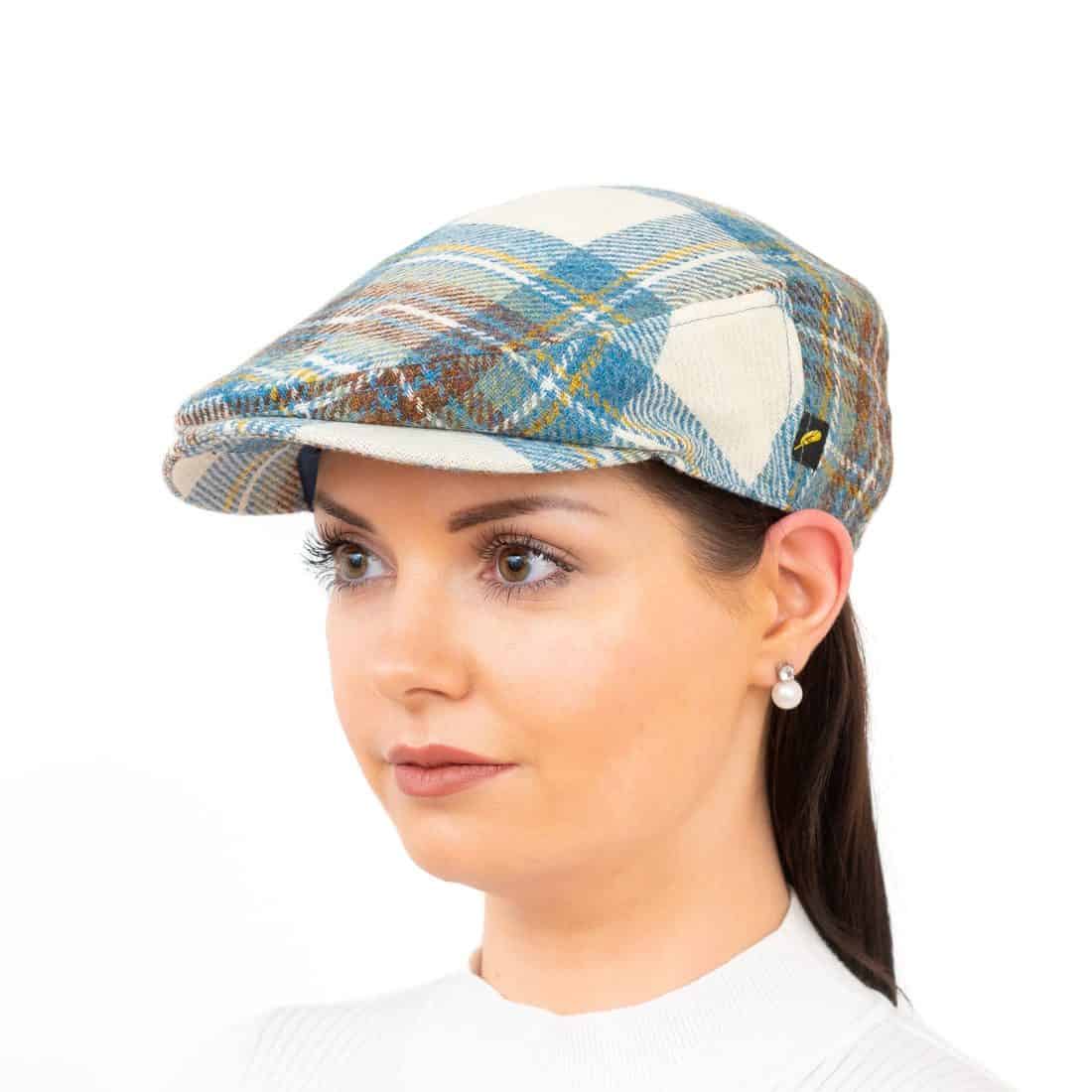 Irish Tweed Stretch-Fit Flat Cap - Muted Blue Check - Aran Model