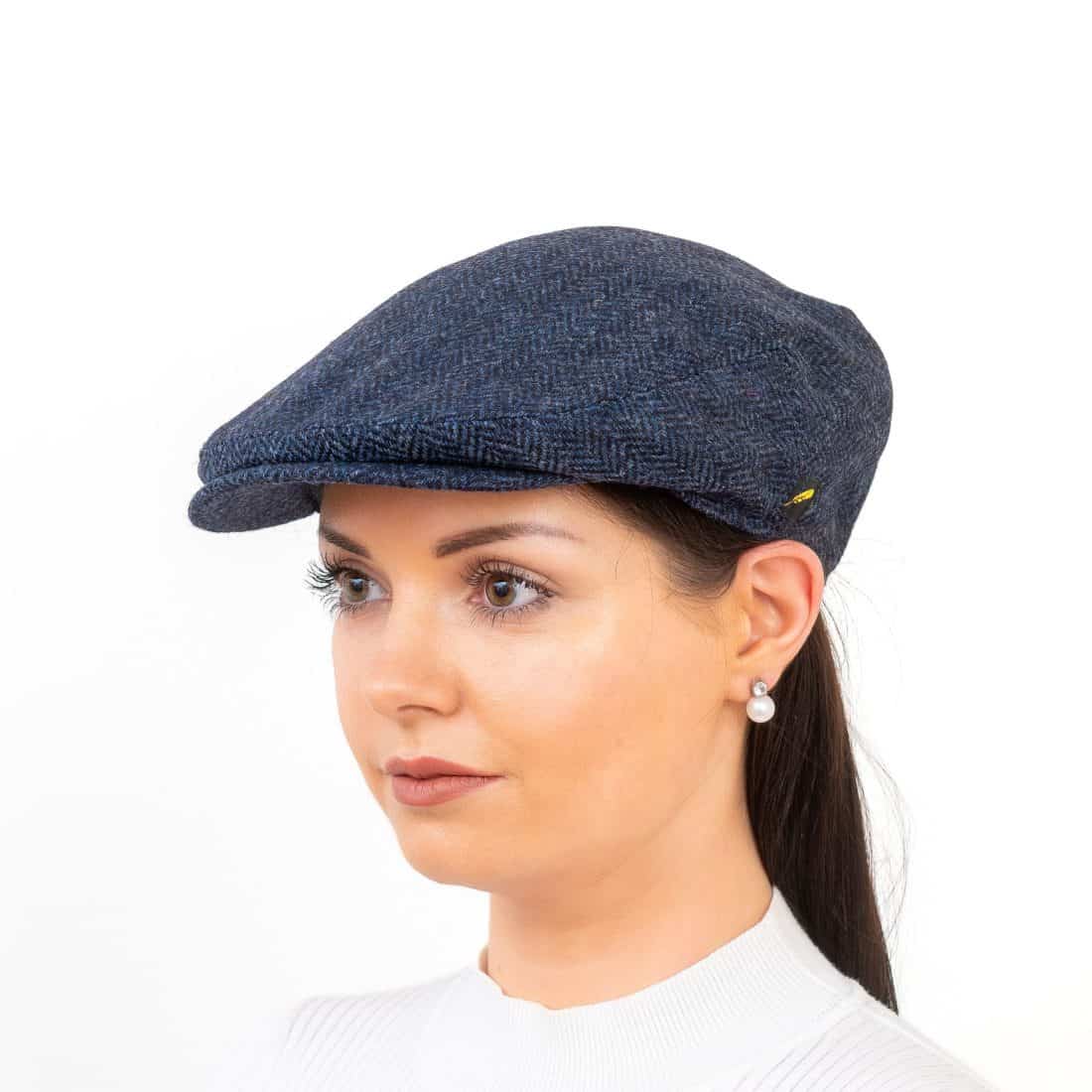 Irish Tweed Stretch-Fit Flat Cap - Blue Herringbone - Aran Model
