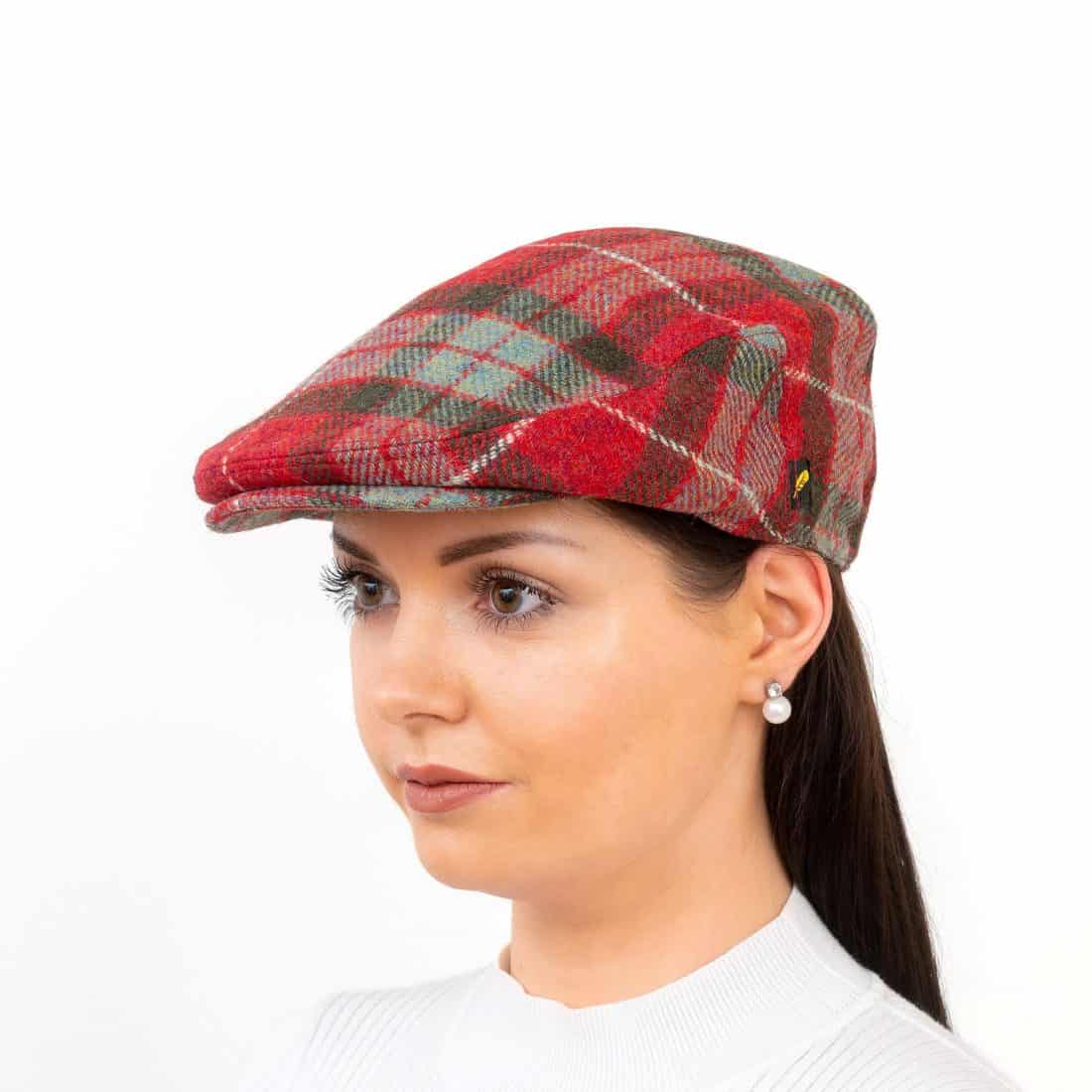 Irish Tweed Stretch-Fit Flat Cap - Red Fraser Check - Aran Model