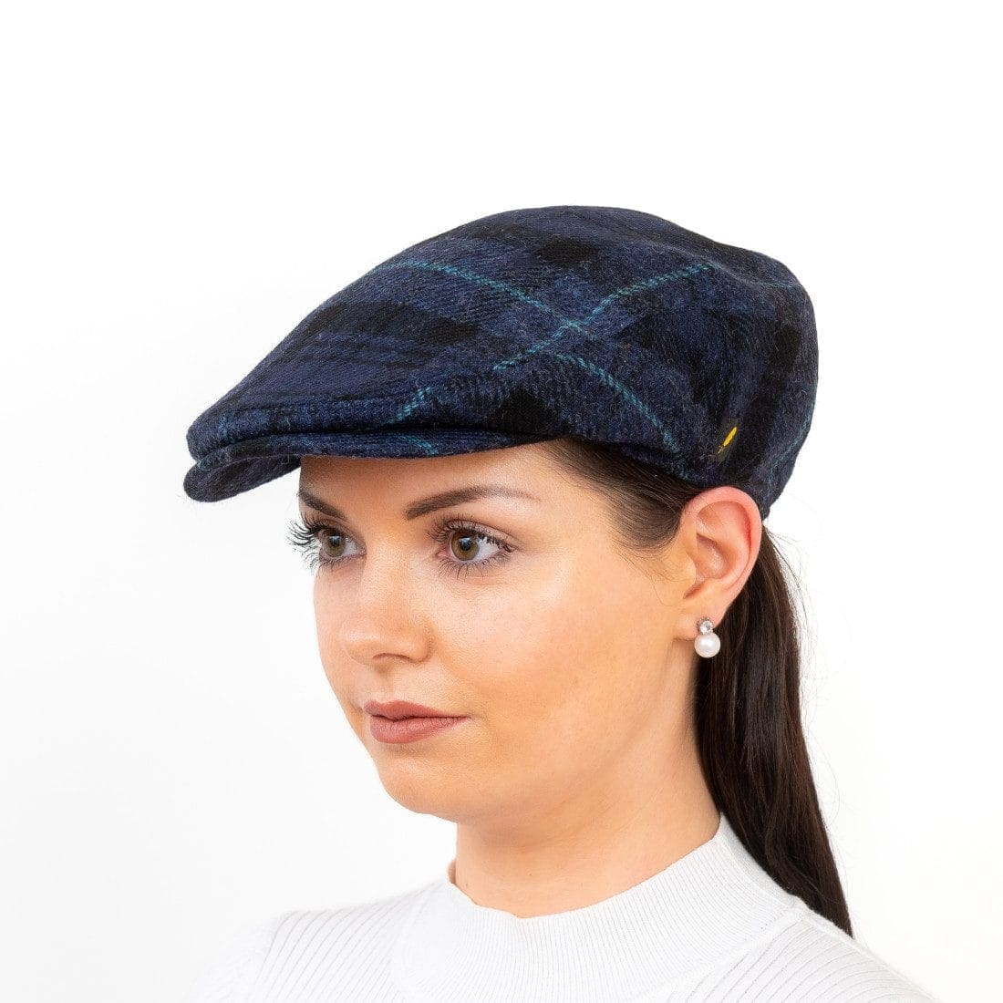 Irish Tweed Stretch-Fit Flat Cap - Sky Check - Aran Model