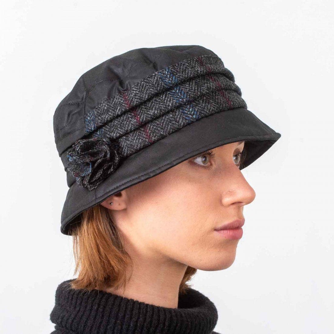 Katie Women’s Wax Hat – Black with Charcoal Check Tweed Band