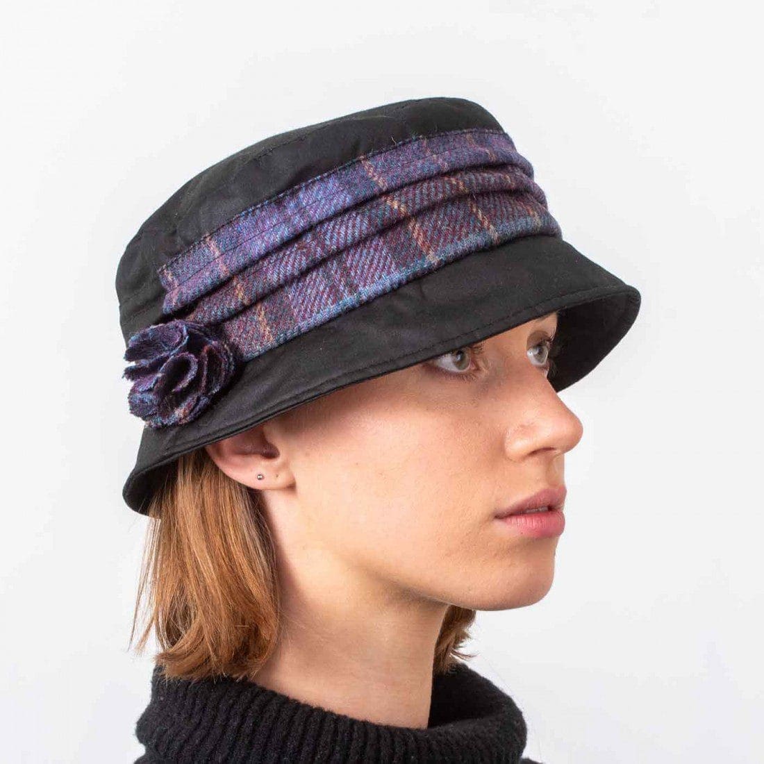 Katie Women’s Wax Hat – Black with Heather Check Tweed Band